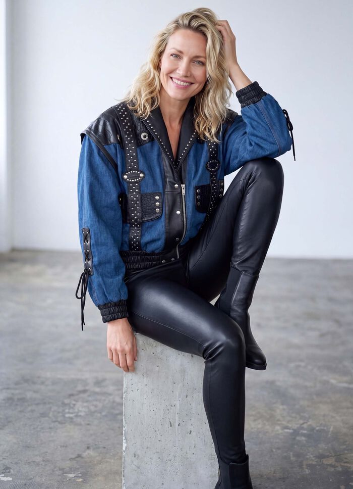 Lederjacke mit Denim-Eins&auml;tzen 